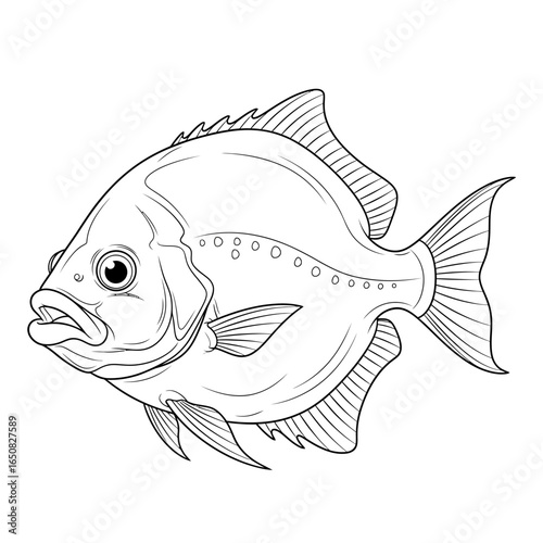 Amazon Tambaqui Fish Species Anime Style Coloring Page for Kids Black and White Aquatic Art