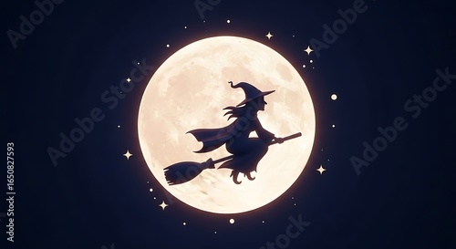 Witch Silhouette Flying on Broomstick Against Full Moon with Stars, Halloween Night, Spooky