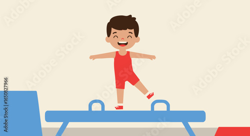 Cheerful cartoon boy in a red leotard balancing on a pommel horse. Children's gymnastics and healthy active lifestyle vector concept