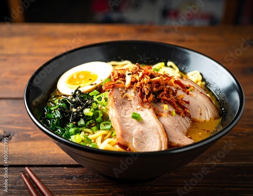Delicious ramen bowl with pork and egg