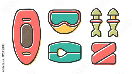 Vector icons essential water sports equipment featuring a raft, diving mask, fishing lures, carabiner, and life jacket.