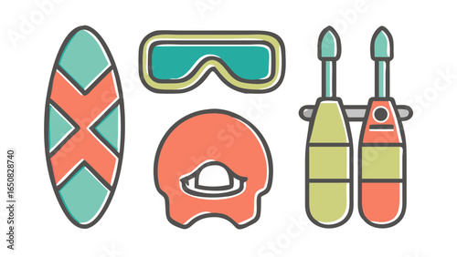 A graphic illustration displaying various essential equipment items used for exciting water sports such as surfing, swimming, and diving.