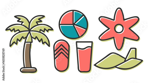 A vibrant collection of summer vacation essentials including a palm tree, beach ball, flip flops, and refreshing drink.