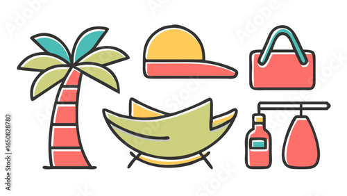 A curated collection of vibrant outline illustrations showcasing essential items for a memorable summer holiday.