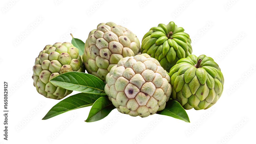 Obraz premium Custard apple still life composition with leaves and white background