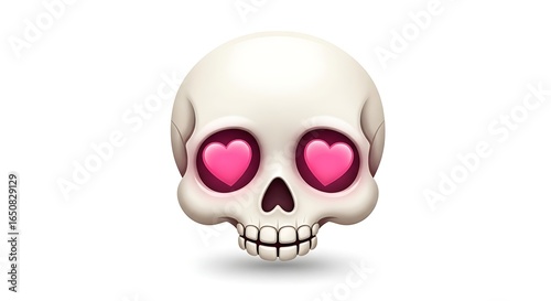 Skull with Heart Eyes on White, Symbolizing Love, Death