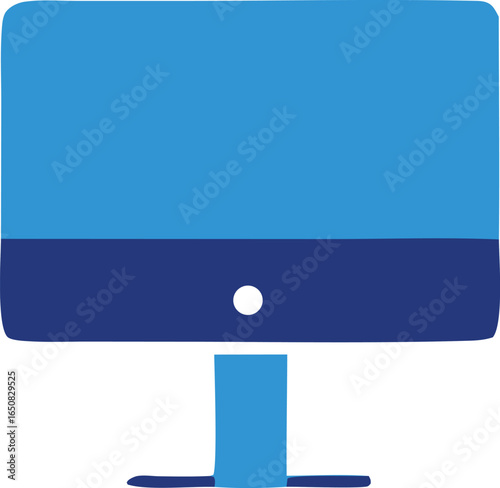 Modern flat design of a blue all in one computer with a minimalist stand and a single power button