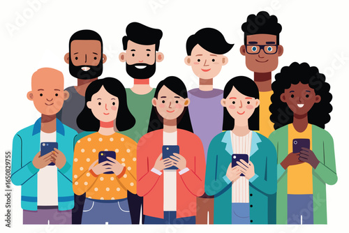 Diverse group of people holding and looking at smartphones