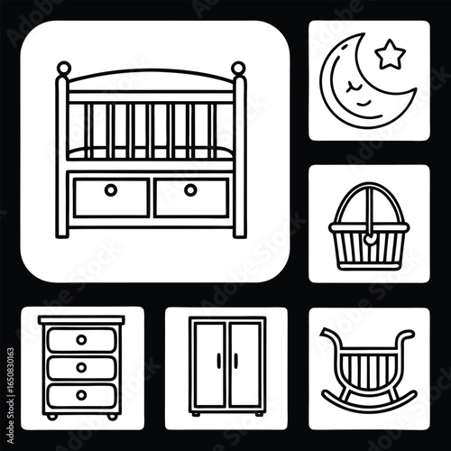 Collection of baby furniture icons including crib dresser wardrobe bassinet and moon with star