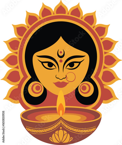 Goddess durga ma face silhouette vector design with an enlightened lamp