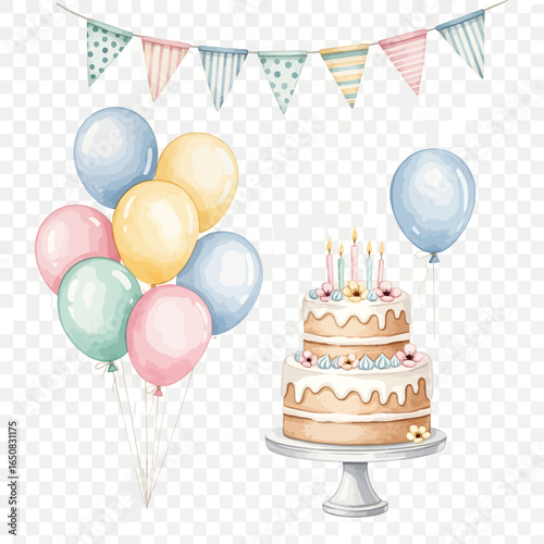 Charming Watercolor Birthday Party Clipart with Cake Balloons and Festive Bunting Garland.