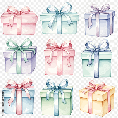 Collection of nine watercolor gift boxes in soft pastel colors with elegant ribbons and bows.