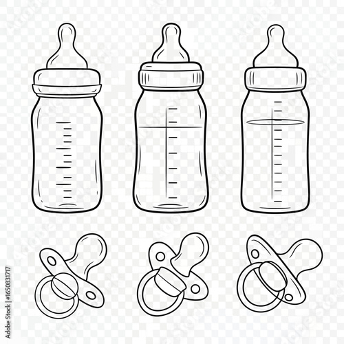 Handdrawn sketch collection of baby feeding bottles and pacifiers in a simple line art style.
