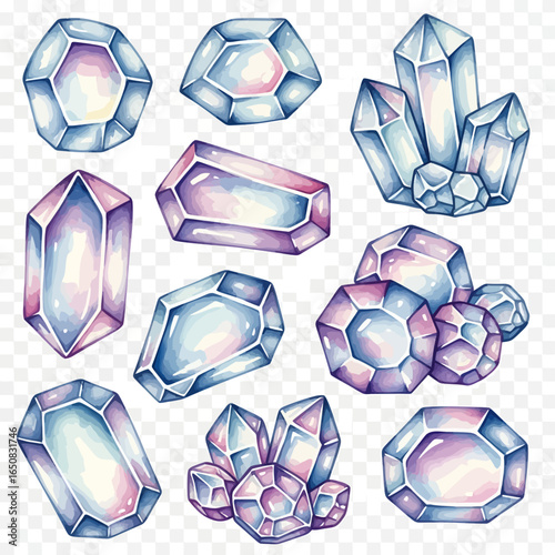 Handdrawn set of magical iridescent crystals and gemstones in pastel blue pink and purple hues.