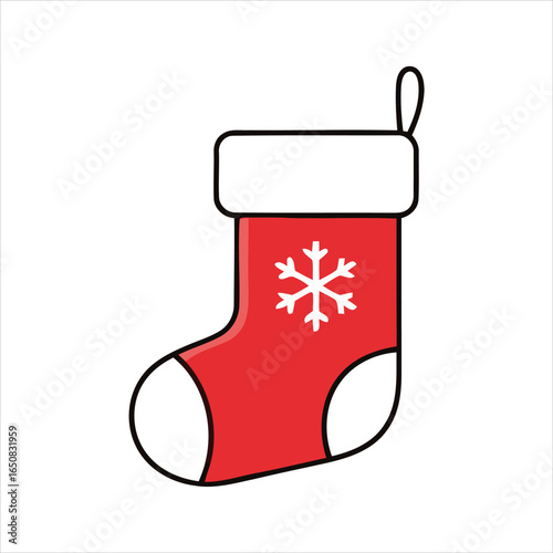Red Christmas stocking with snowflake icon. Festive holiday decoration illustration isolated on white background for winter celebration.
