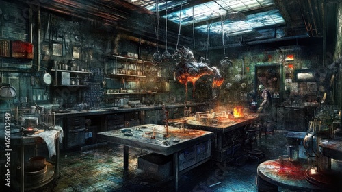 Dark, grotesque lab scene