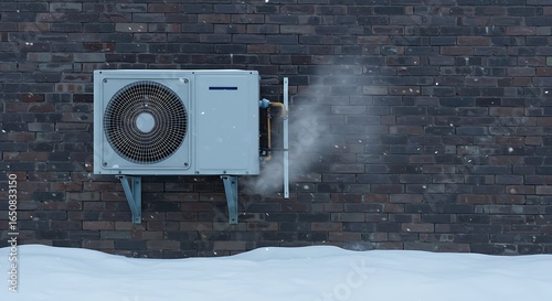 Air conditioning unit mounted on a brick wall in winter with snow.