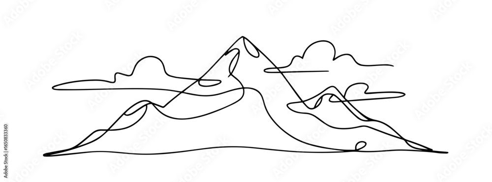Obraz premium Black mountains in one line art style. Mountains drawing with editable black stroke on white background. Vector illustration. 