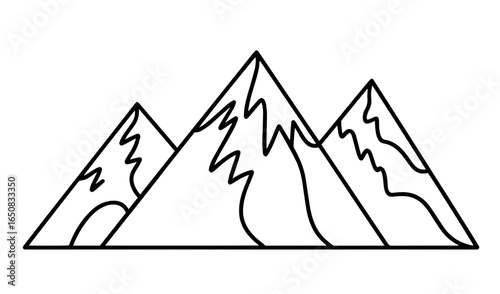 Black mountains in one line art style. Mountains drawing with editable black stroke on white background. Vector illustration.
