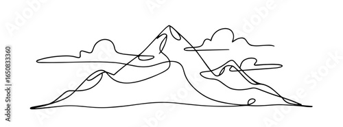 Black mountains in one line art style. Mountains drawing with editable black stroke on white background. Vector illustration.
