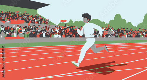 Vector illustration of an athlete running a race on a track in a stadium filled with a cheering crowd of spectators