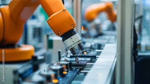 Advanced precision robotic arms in action assembling microelectronics on a high-tech production line, showcasing futuristic automation, industrial robotics, and cutting-edge manufacturing technology i