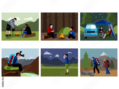 cartoon hiking characters male female tourists expedition travelling nature people sitting by fire resting tent explorers adventure healthy lifestyle active hobby set