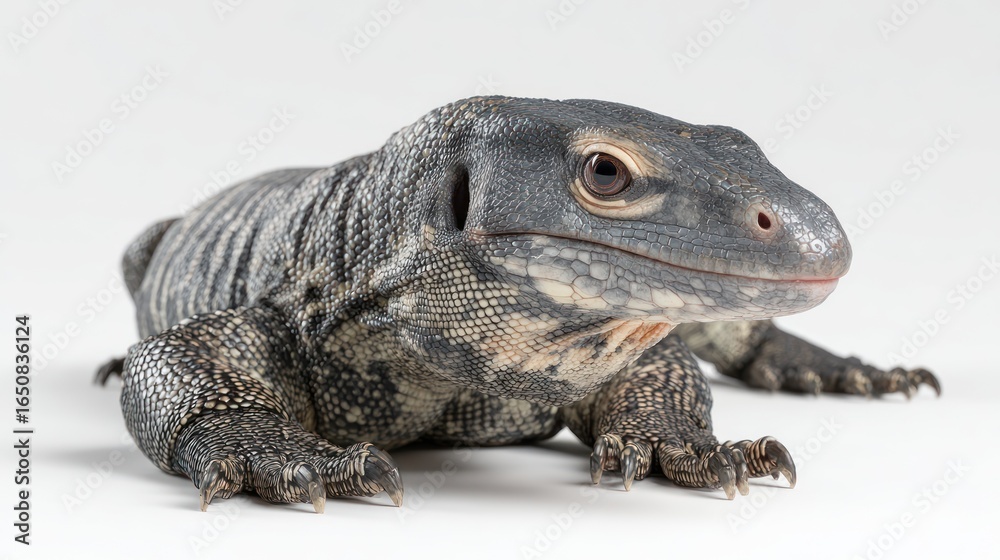 Obraz premium A close-up of a dark-gray monitor lizard on a white background, its head slightly turned to its right. The lizard's textured skin and clawed feet are clearly visible