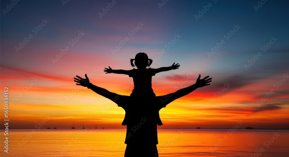 Fototapeta premium Father and Daughter Silhouette at Sunset, Arms Outstretched in Joyful Embrace