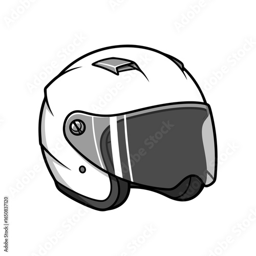 Stylized monochrome rendering of a motorcycle helmet with protective visor, clean and minimalist design illustration