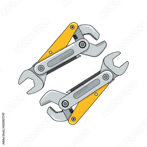 Dual adjustable wrenches depicted in a simplistic vector illustration offering mechanical visuals tool display