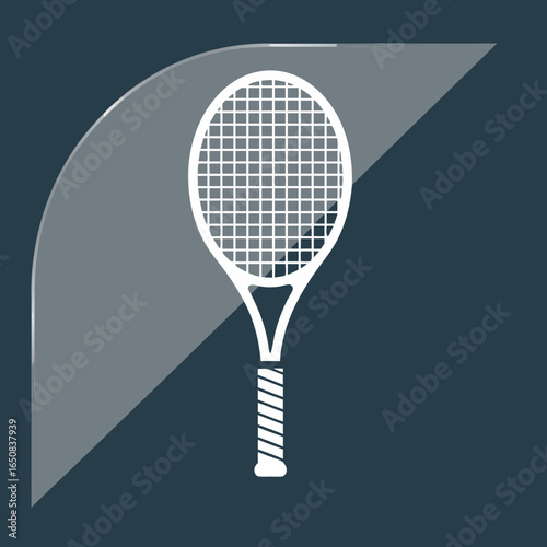 White Tennis Racquet Emblem on a Dark Blue Backdrop, Sports Icon, Minimalist Graphic Design element for Sporting Goods, Tennis Equipment and