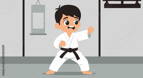 Young cartoon boy martial artist with a black belt in a fighting stance. Vector illustration of a kid practicing karate in a traditional dojo