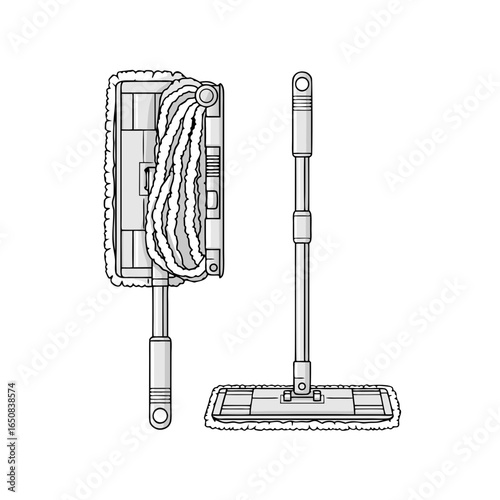 Illustration of cleaning mops with microfiber pads for floor maintenance, showcasing cleanliness and tidiness