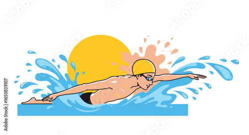 Swimmer in action during a sunny day in the pool, engaging in a freestyle stroke with water splashes