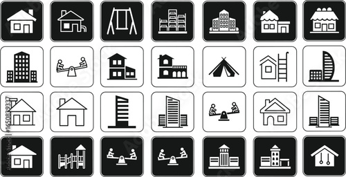 Black and white icon set of houses, playgrounds, and buildings, perfect for real estate, architecture, kids activities, urban design, community life.