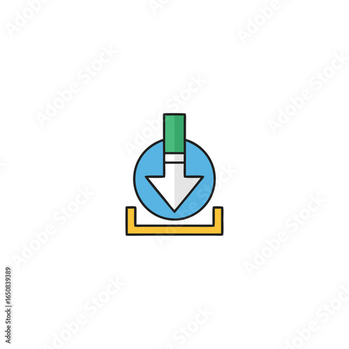 Illustrative representation of data downloading process with arrow symbol graphic, isolated in white background, for digital platforms