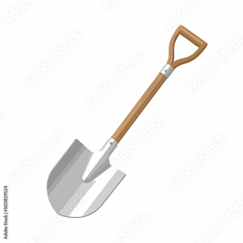 Illustration of a Metallic Shovel with Wooden Handle, a Versatile Tool for Digging, Planting and Landscaping Tasks