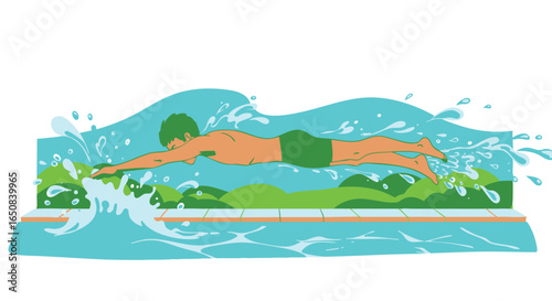 Dynamic illustration of a muscular male swimmer diving into the pool, creating a large splash of water for a sports concept