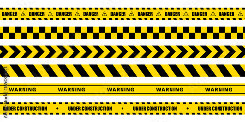 Caution tape set. Yellow and Black Warning zone, danger tapes. Yellow warning, barricade ribbons. Abstract stripes for police, accident, under construction sign. Vector illustration.