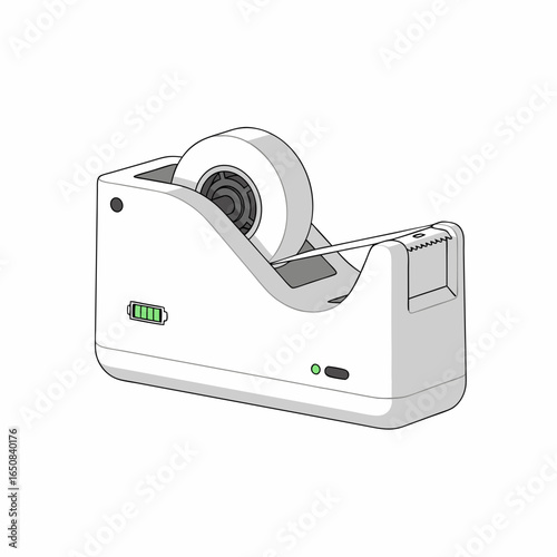 Modernized white tape dispenser illustration with sleek design and integrated battery indicator enhancing office efficiency