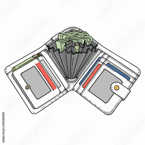 Illustrated wallet holding money and cards, suggesting financial management and savings with a minimalist style