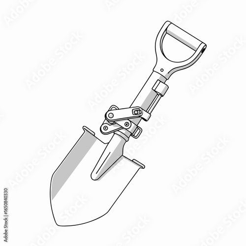 Illustration of a folding shovel tool designed for outdoor adventures and survival kits