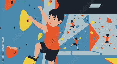 Vector illustration of a determined young boy enjoying an adventurous climb on a colorful indoor bouldering wall