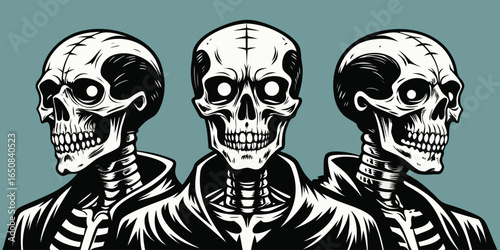 Three skeletons wearing hoodies in a row