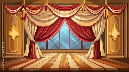 Elegant presentation with draped curtains framing a decorative cream wall and polished wood floor. A classic stage backdrop.