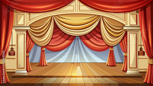 Elegant presentation with draped curtains framing a decorative cream wall and polished wood floor. A classic stage backdrop.