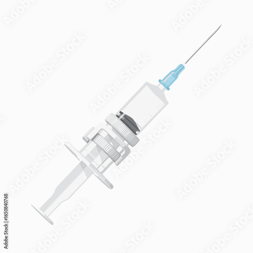 Detailed depiction of a glass syringe with a needle against a pure white backdrop