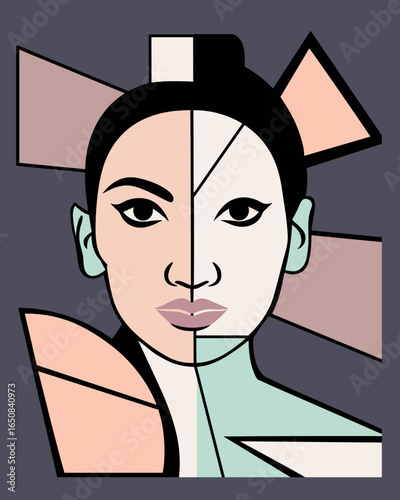 Modern abstract cubist portrait of a Asian woman face. Bold black outlines define the features, geometric shapes arranged asymmetrically. Colors can be changed. Ideal for background or poster.