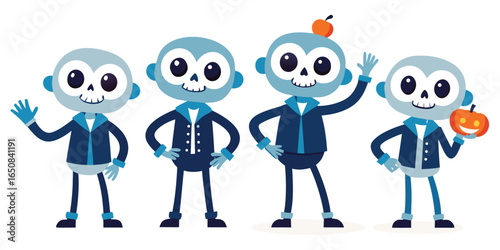 Four cute cartoon skeleton monkeys dressed in suits waving hello
